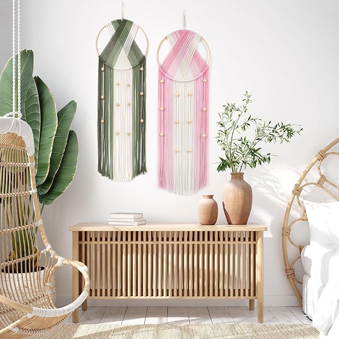 LB 2Pc Boho Macrame Wall Hanging Modern Aesthetic Wall Decor Pink and Green Hand Woven Cotton Macrame Wall Art with Wood beads Boho Tapestry for Home, Bedroom, Living Room