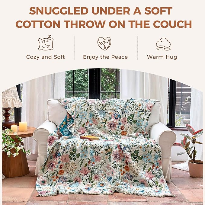 Boho Throw Blanket for Couch Sofa Chair Cotton Spring Blankets for Bedroom Living Room All Season Lightweight Reversible Floral Embroidery Throws 50"x60"