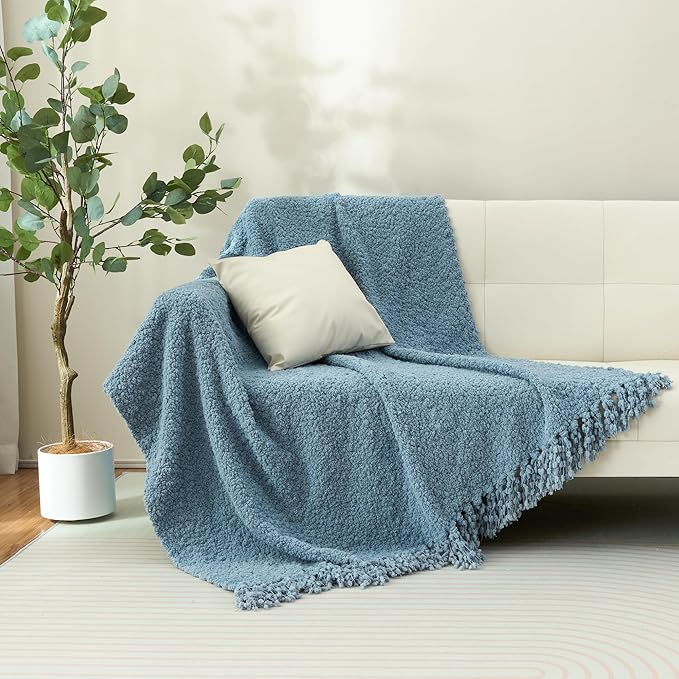 Throw Blanket for Couch, Dusty Blue Luxury Knitted Throws 60"x80", Textured Blankets with Handmade Fringe Tassels for Bed Sofa Decorative, Chunky Soft Farmhouse Boho Home Decor
