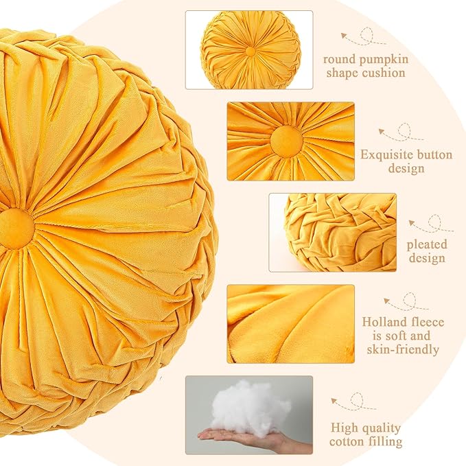 Round Throw Pillows Decorative Pleated Throw Pillows 15'' Diameter Accent Pumpkin Boho Chair Cushion for Couch Sofa Home Decoration(Yellow,1 Pcs)