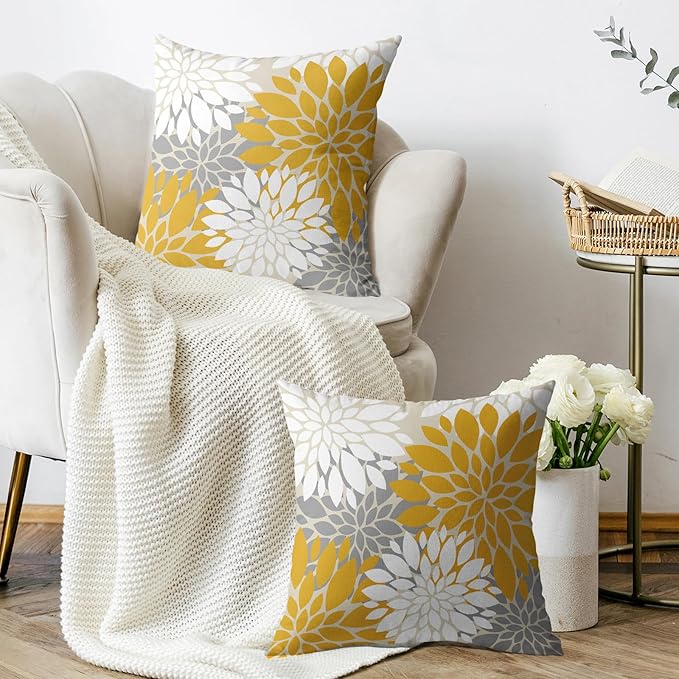 Yellow White Grey Gray Pillow Covers 20X20 Inch Set of 2, Modern Geometry Dahlia Floral Print Decorative Throw Pillow Covers Outdoor Farmhouse Cushion Case for Home Couch Sofa Bed Decoration