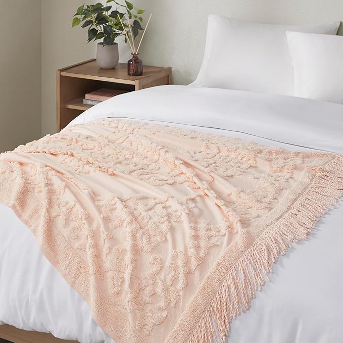 Madison Park 100% Cotton Tufted Chenille Design With Fringe Tassel Luxury Elegant Chic Lightweight, Breathable Cover, Luxe Cottage Room Décor Summer Blanket, 50" x 60", Blush