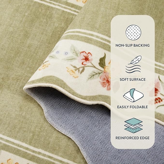Lahome Floral 2x3 Rug, Green Kitchen Rugs Ulta-Thin Washable Indoor Mats for Entryway Non-Slip, Boho Scalloped Stain Resistant Small Throw Rugs for Bathroom Bedroom Ariele（Green）