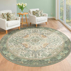 Washable Sage Green 6ft Area Round Rug for Living Room - Vintage Circular Rug for Kids Bedroom, Dining Room, Office with Botanical Floral Bird Pattern, Low Pile Non Slip Stain Resistant