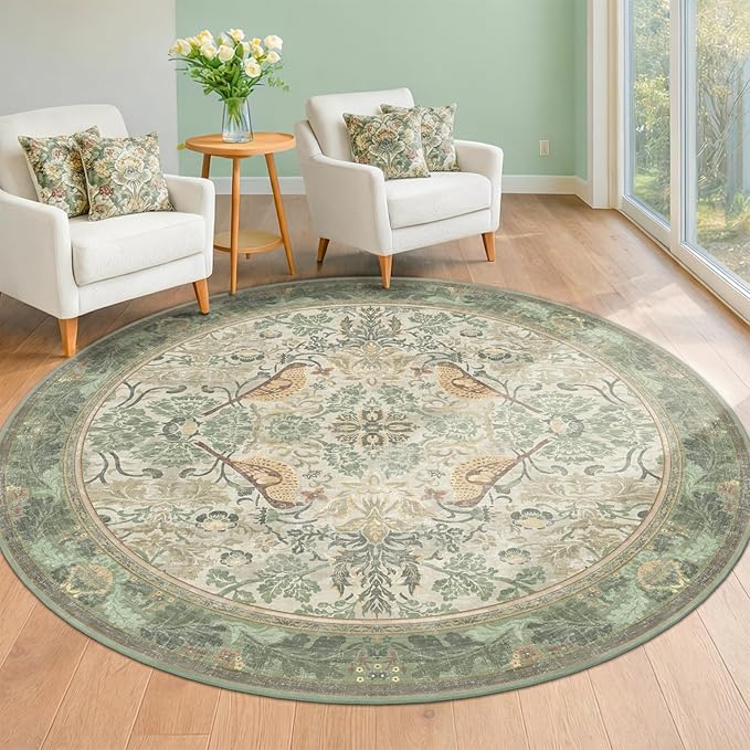 Washable Sage Green 6ft Area Round Rug for Living Room - Vintage Circular Rug for Kids Bedroom, Dining Room, Office with Botanical Floral Bird Pattern, Low Pile Non Slip Stain Resistant