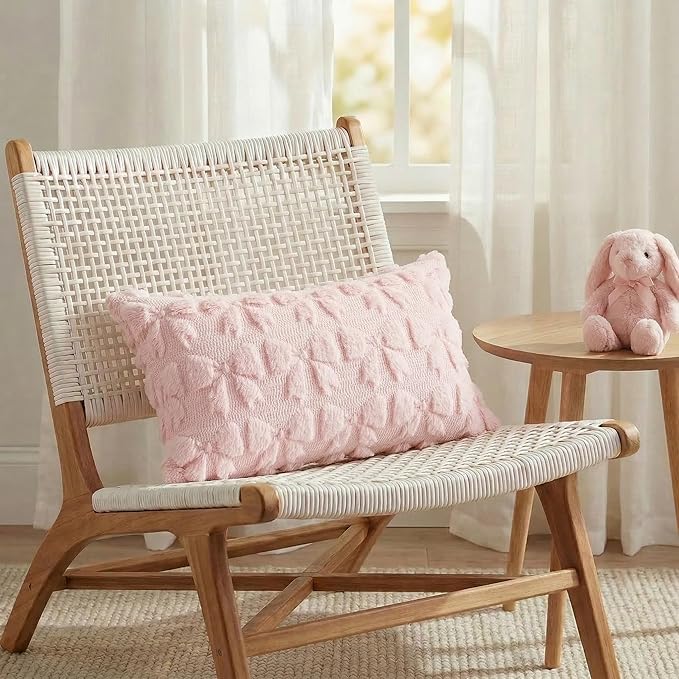 AVOIN colorlife Pink Spring Bow Throw Pillow Covers Set of 2, 12 x 20 Inch Coquette Aesthetic Room Decor Soft Plush Faux Fur Cushion Case for Girls Room