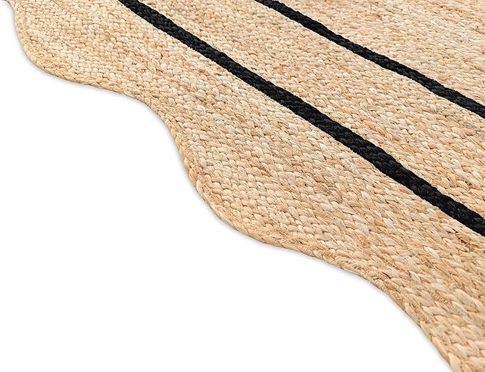 Wave Scalloped Natural Jute Rug Boho Jute Rug Entryway Runner Rug Farmhouse Scallop Rug, Black (2'6"x12')