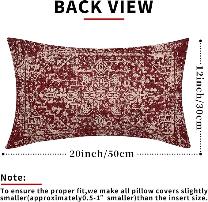 Burgundy Red Boho Lumbar Pillow Covers 12x20 Inch Beige Tan Gray Maroon Pillow Cases for Couch Farmhouse Bohemian Carpet Pattern Ethnic Rectangle Pillow Cases for Bed Patio Covers Outdoor Indoor Set 2