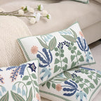 Tosleo Embroidered Pillow Covers 12x20 Set of 2 Green Leaves with Birds Floral Tufted Pillowcases Spring Summer Decorative Coastal Pillow Cushion Cases Lumbar Navy Blue Flower Pillow Case