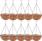 LaLaGreen Hanging Baskets (8 Inch, 10 Pack) Small Hanging Planter with Coco Liner Round Flower Pots, Black Outdoor Planters Basket Metal Wire Holder Hook Deck Porch Modern Garden Balcony Decorations
