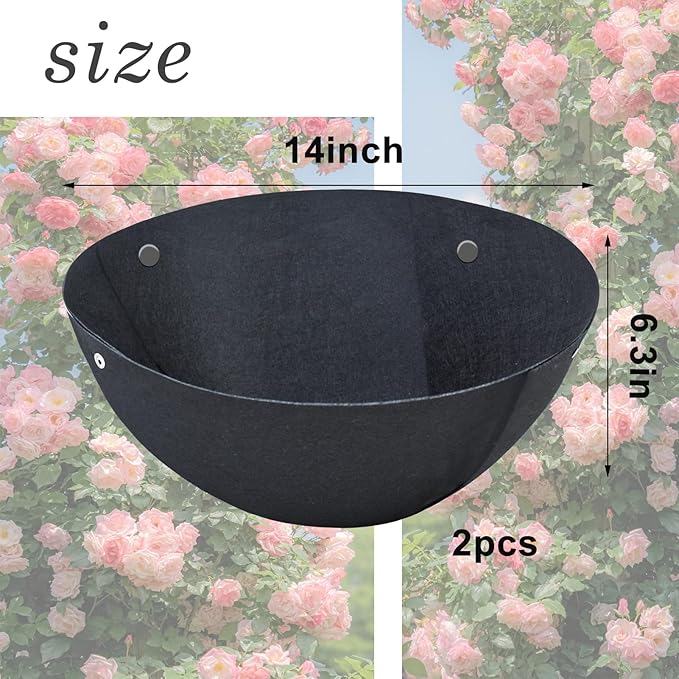 2PCS 14 Inch Round Hanging Basket Liner Fabric Non-Woven Planter Black Felt Replacement Inserts for Hanging Baskets Outdoor Plants - Avoid Bird Nesting