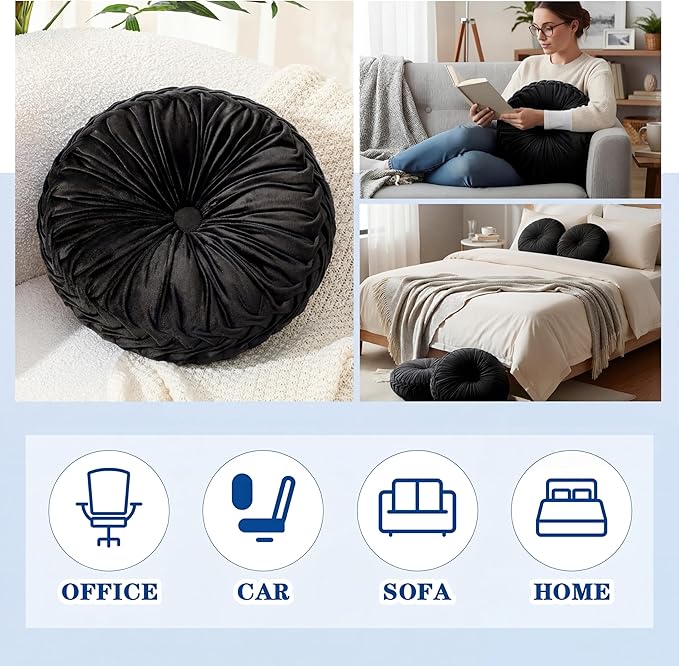 Round Throw Pillows Decorative Pleated Throw Pillows 15'' Diameter Accent Pumpkin Boho Chair Cushion for Couch Sofa Home Decoration(Black,1 Pcs)