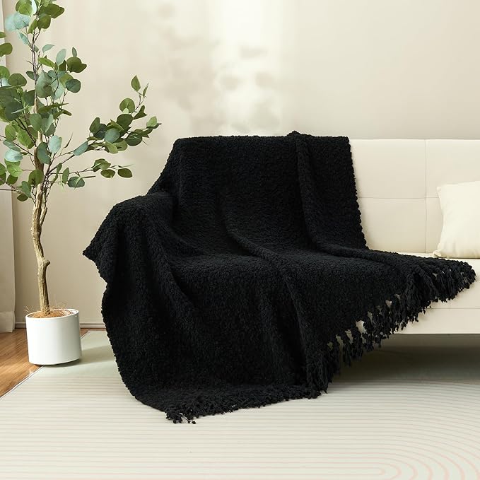 Throw Blanket for Couch, Black Luxury Knitted Throws 60"x80", Textured Blankets with Handmade Fringe Tassels for Bed Sofa Decorative, Chunky Soft Farmhouse Boho Home Decor