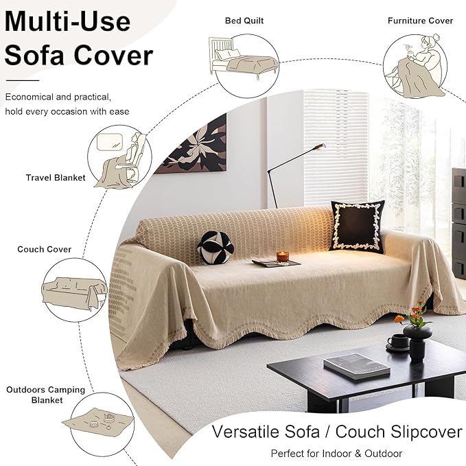 ROOMLIFE Khaki Couch Cover Sofa Covers, Chenille Couches Covers for 3 Cushion Sofas, Non Slip Soft Breathable Sofa Slipcovers for Pet, Washable Furniture Protector with Tassel,71''X134”