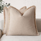 Foindtower Set of 2 Decorative Linen Fringe Throw Pillow Covers Boho Farmhouse Cushion Cover with Tassels Soft Accent Pillowcase for Couch Chair Sofa Bed Living Room Home Decor,20×20 Inch,Tan Beige