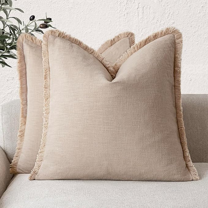 Foindtower Set of 2 Decorative Linen Fringe Throw Pillow Covers Boho Farmhouse Cushion Cover with Tassels Soft Accent Pillowcase for Couch Chair Sofa Bed Living Room Home Decor,24×24 Inch,Tan Beige
