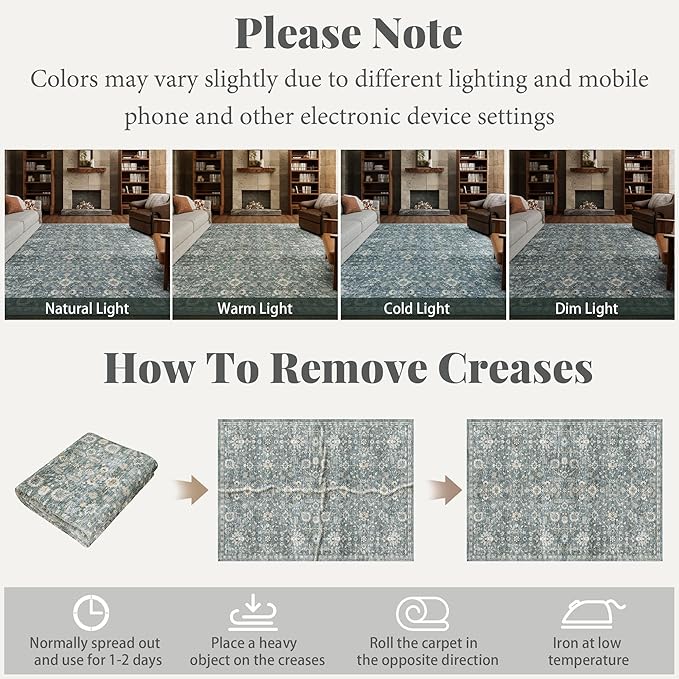Washable Area Rugs 5'x7' Non-Slip Vintage Boho Distressed Fade Resistant Low Pile Carpet for High-Traffic Living Room, Bedroom & Dining Room