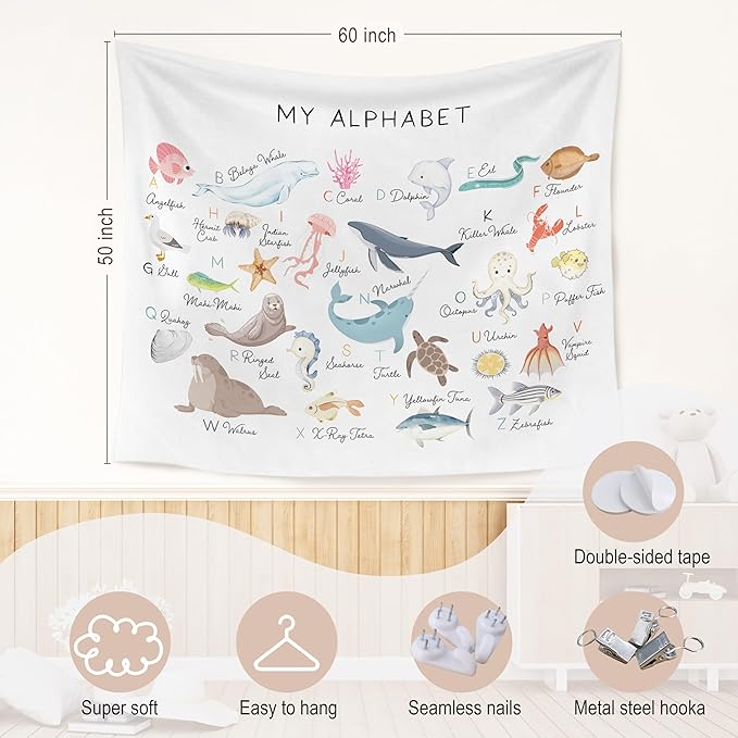 WARDOS Ocean Nursery Alphabet Tapestry, Sea Animals Kids Tapestry Wall Hanging, ABC Alphabet Educational Wall Blanket Decor for Classroom Toddler Kids Nursery Bedroom Playroom, 50x60 Inch
