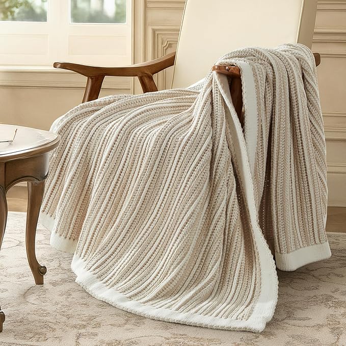 Amélie Home Striped Knit Throw Blanket for Couch, Dual-Sided Soft Chenille Decorative Blankets for Sofa & Chair, 50"x60", Khaki & White