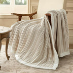 Amélie Home Striped Knit Throw Blanket for Couch, Dual-Sided Soft Chenille Decorative Blankets for Sofa & Chair, 50"x60", Khaki & White