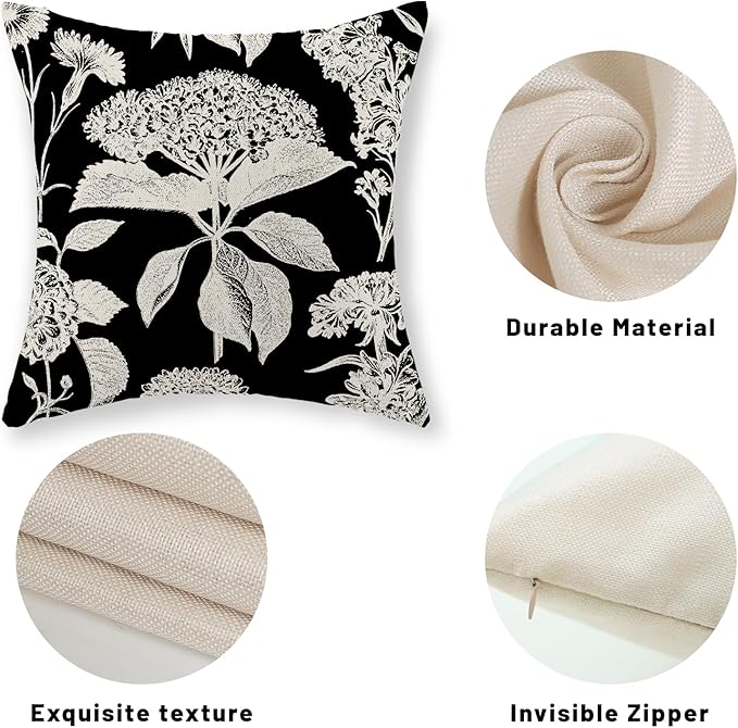 Black Pillow Covers 16x16 Inch Set of 2 Vintage Boho Floral Hydrangea Herbs Botanical Throw Pillows Outdoor Flower Decoration Pillowcase Linen Farmhouse Cushion Case Decorative for Couch Sofa