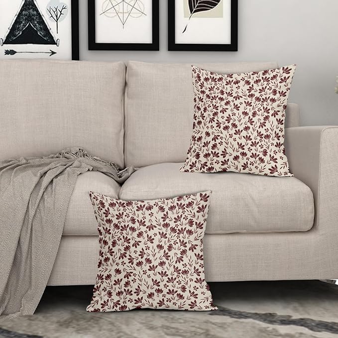 Burgundy Floral Pillow Covers 16x16 Set of 2 Vintage Rustic Old Style Cute Small Flower Burgundy Red Cream Print Decorative Outdoor Pillowcases Farmhouse Throw Cushion Case Decor for Couch Sofa Bed