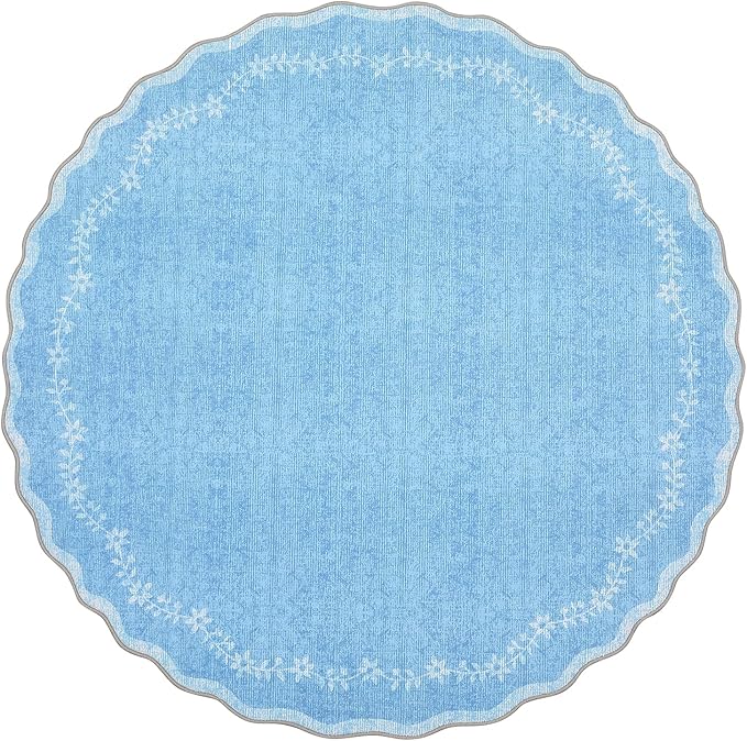 GarveeHome Round Area Rugs 5ft for Bedroom, Solid Blue Washable Circle Rug Soft Non Slip Floral Print Floor Mat Carpet Indoor Thin Rug for Kids Room Dining Room Playroom Nursery