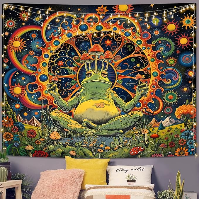 ARTCREATOR Funny Vintage Frog Mushroom Tapestry, Galaxy Space Planet Home Decor Hippie Wall Tapestries for Living Room Bedroom (59" x 78")