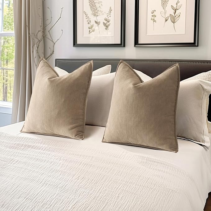 MIULEE Pack of 2 Khaki Decorative Pillow Covers 22x22 Inch Soft Chenille Luxurious Couch Throw Pillows Farmhouse Cushion Covers Euro Shams with Elegant Design for Sofa Bedroom Living Room Home Decor