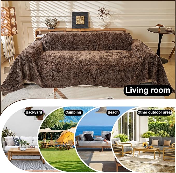 ROOMLIFE Couch Cover with Tassel Brown Chenille Sofa Cover Blanket for Sectional Sofa, Soft Sofa Slipcovers for L Shaped Love Seat 2-3 Cushion Couch Anti Slip Sofa Protector, 71"x118"