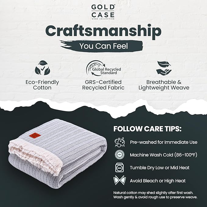 Gold Case Throw Blanket for Bed - 100% Recycled Turkish Cotton Blanket - Vintage Lightweight Soft Throw Blankets for Bed & Living Room - Queen Size Cozy Blankets - 90x90 - Grey