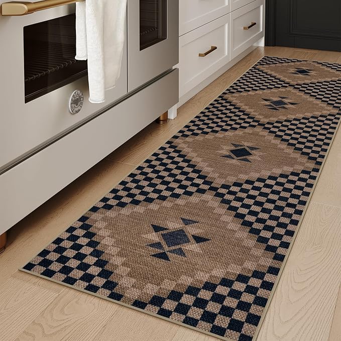 LIVEBOX Easy Jute Rug Runner for Hallway Non Slip, Washable Rug 2x8 for Kitchen, Black Checkered Long Hallway Rugs, Farmhouse Carpet Runner for Laundry Room Bedroom