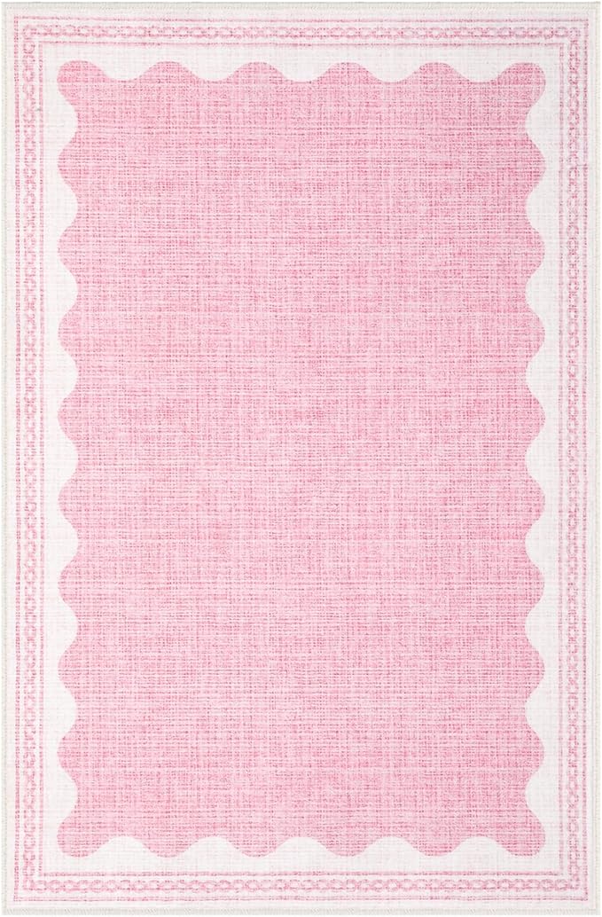 GarveeHome Door Mat Indoor Rugs for Entryway Small Rug 2x3 Washable Non-Slip Solid Pink Modern Minimalism Low-Pile Scalloped Throw Carpet for Girls Bedroom Kitchen Bathroom Entrance