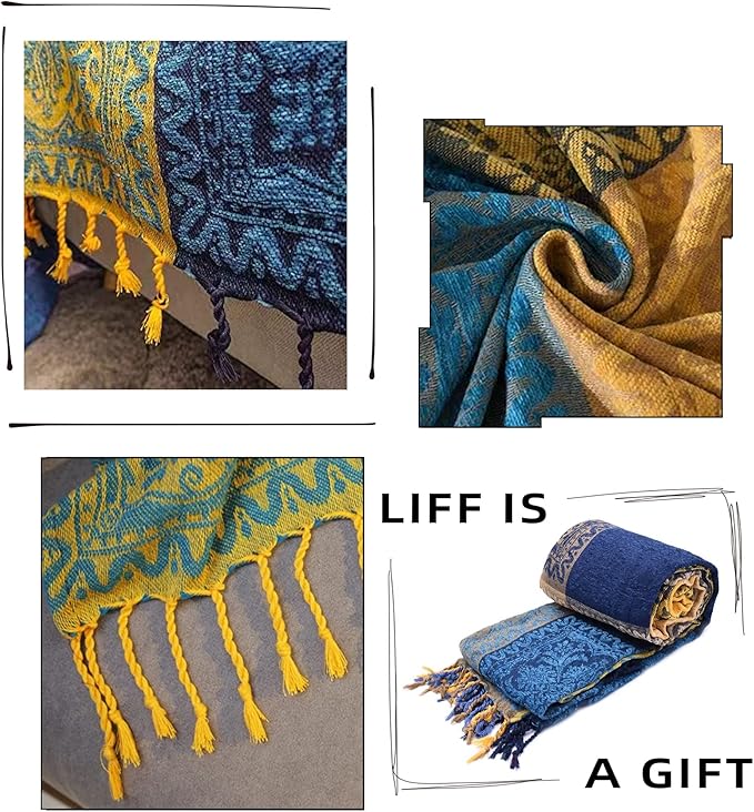 Bohemian Throw Blanket for Couch，Colorful Chenille Tassels Boho Woven Hippie Bed Blankets for Couch Sofa Chair Recliner Loveseat, Bohemian Fringe Tassels Decor Home (60" x 76")
