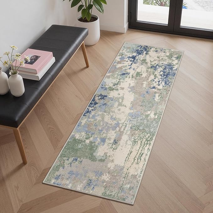 GENIMO 2X5 Washable Modern Runner Rug for Hallway, Non-Slip Low Pile Chenille Print Rug, Soft Rugs for Indoor Entryway Kitchen Corridor, Sage Mist