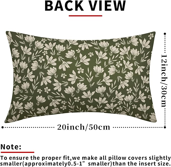 Olive Green Pillow Covers 12x20 Set of 2 Vintage Floral Rustic Old Style Cute Flower Print Rectangle Decorative Outdoor Pillowcases Seasonal Farmhouse Throw Cushion Case Couch Sofa Bed Decor