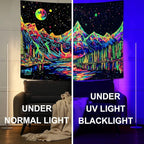 Zussun Blacklight Mountain Forest Tapestry for Bedroom Aesthetic Hippie Pine Tree River Lake Tapestries Wall Hanging Glow in The Dark Moon and Stars Wall Tapestry for Living Room Dorm 60 × 44 Inch