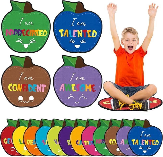 Tinideya 12 Pcs Kids Carpet Circle Seats for Class 16 Inch Round Classroom Rug Floor Cushions Soft First Day of School Educational Mat Non Slip Back to School Learning Playing Areas(Apples)