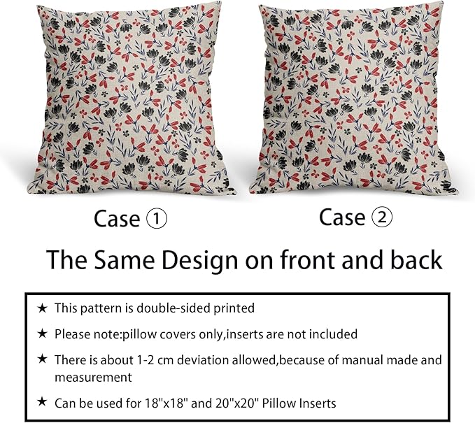 4th of July Floral Pillow Covers 18x18 Set of 2 Vintage Rustic Old Style Navy Blue Red Black Flower Print Decorative Outdoor Pillowcases Patriotic Throw Cushion Case Decor for Couch Sofa Bed