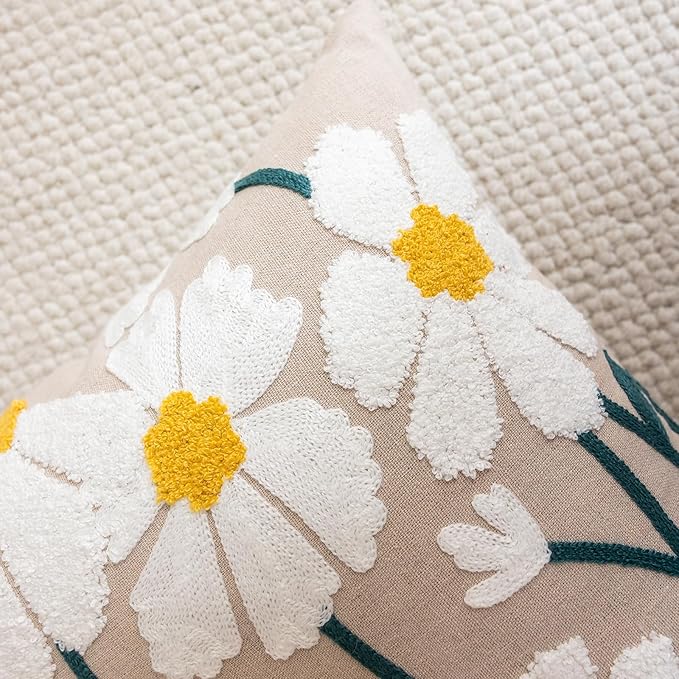 vctops Boho Floral Tufted Decorative Throw Pillow Cover Botanical Embroidered Cotton Cushion Cover for Couch Sofa Bed (Flower E,12"x20")
