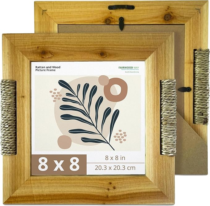 Boho Picture Frame with Wicker Accents | Lightweight Wooden Frame for 8x8 Photo or Artwork Bohemian, Coastal or Biophilic Style for Wall & Tabletop | All Natural Wood & Seagrass | Golden Brown