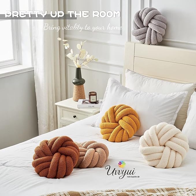 Uvvyui Knot Pillows, 14 Inch Decorative Throw Pillows Round Pillows Cushion, Soft Handmade Knotted Ball Pillow Plush Cushion Home Decor for Bed Couch Living Room (Caramel, 14 Inch)
