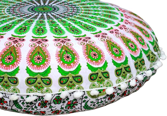 CRAFT KALA 22" Mandala Meditation Floor Pillows Cover Pouf Cover Round Seating Bohemian Mandala Cotton Floor Cushion Cover Outdoor Fireplace Seating Living Room Yoga Room Home Décor Green Red Floral