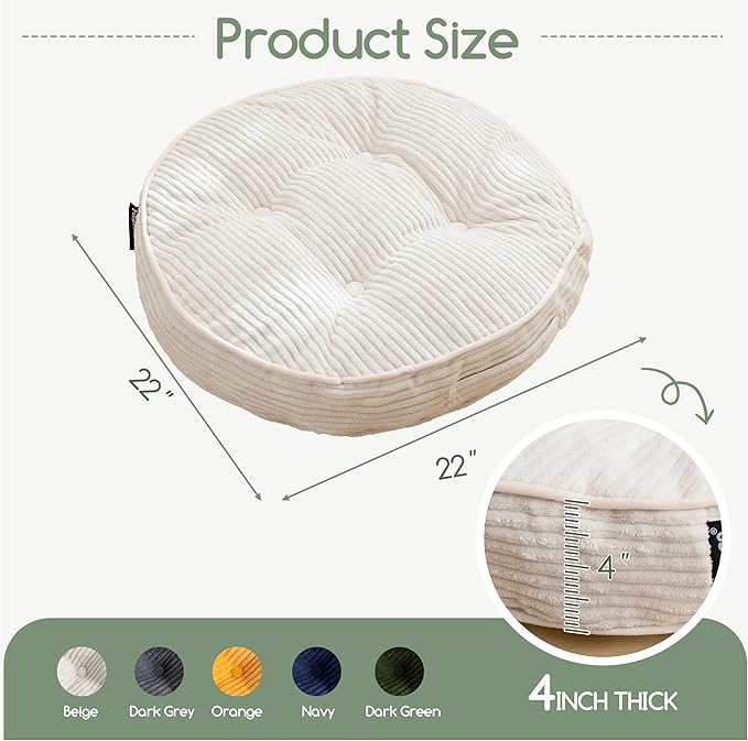 HIGOGOGO Floor Pillow Cushion for Adults, Meditation Cushion Pillow, Large Round Floor Sitting, Tufted Corduroy Cover, for Tatami Living Room or Yoga, 22x22 Inch, Beige