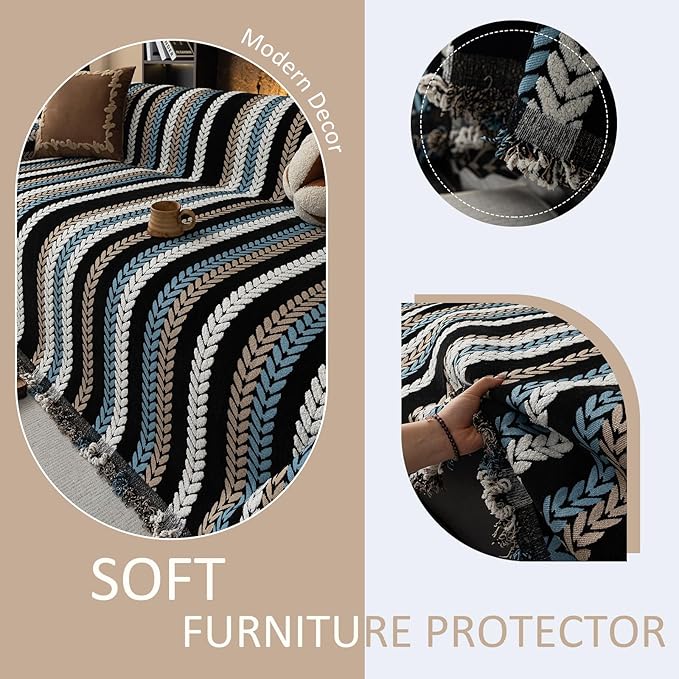 VClife Couch Cover for Sofa, Chenille Sofa Cover for Dog Modern Stripe Couch Cover for 2 Cushion Couch Sofa, Non Slip Furniture Protector Pet Couch Slipcover with Tassel, Black, 71''x118''