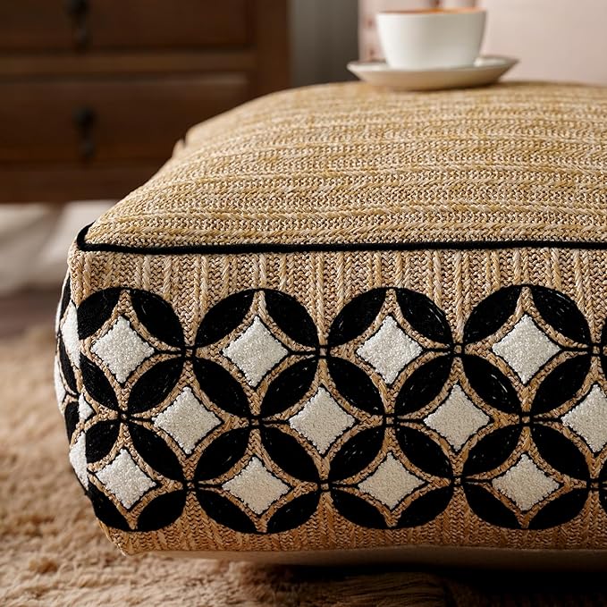 SUTAVIA Pouf Cover Ottoman Unstuffed Pouf Seat Footrest Decorative Storage Bean Bag Floor Chair for Home Decor Living Room Bedroom (White Decor, Square, 20" D x 20" W x 8" H)