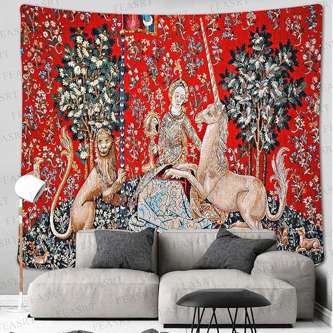 FEASRT Medieval Maiden Tapestry European Royal Princess Tapestrys Wild Animal Tapestry, Large 100x90 Inches Soft Flannelette, for Bohemian Mandala Bedroom Living Room Dorm