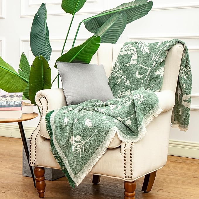 LALIFIT Boho Chic Decorative Throw Blanket Vintage Woodland Floral Bird Design with Tassels Soft Cotton Lightweight & Cozy for Home, Couch, Sofa, Farmhouse 50x60 Inches (Forest Green)