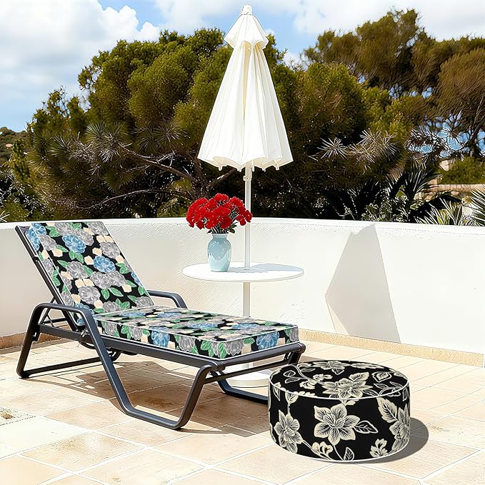 Indoor/Outdoor Inflatable Ottoman with Handle, Decorative Fade-Resistant Round Footstool D21 x H9 inch, Portable Ottoman Pouf for Patio Garden Camping, Elegant Vines Black