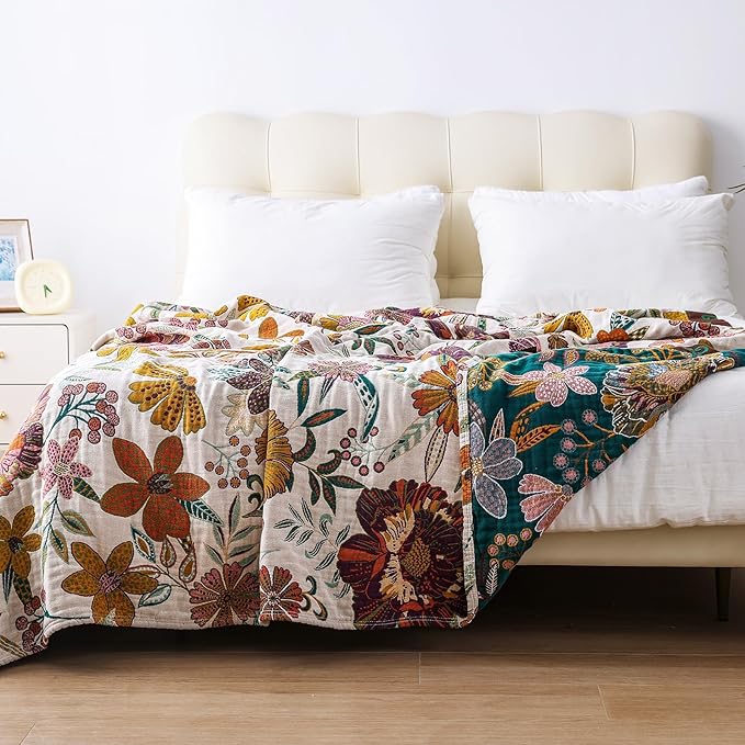 Queen Boho Throw Blanket for Bed, 100% Cotton Muslin Soft Throw-Floral Farmhouse Rustic Decor Blanket for Couch Sofa Quilt and Gift, 80" x 90"-BeigeWhite